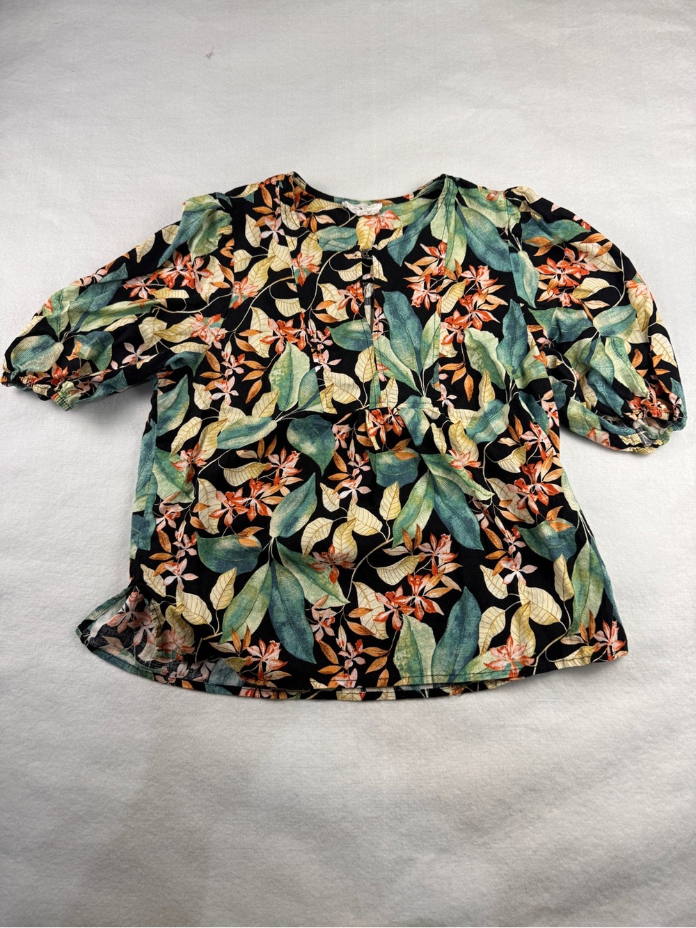 Panama Jack Linen Blouse Large Tropical Floral Short Sleeve Black Green
